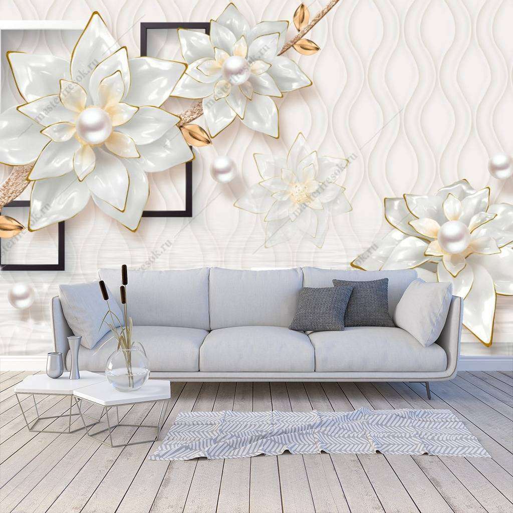 Фотообои в интерьере 3д геометрия с цветами  10-648 фото