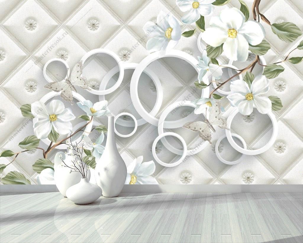 Фотообои 3д Белые круги с цветами  10-904
