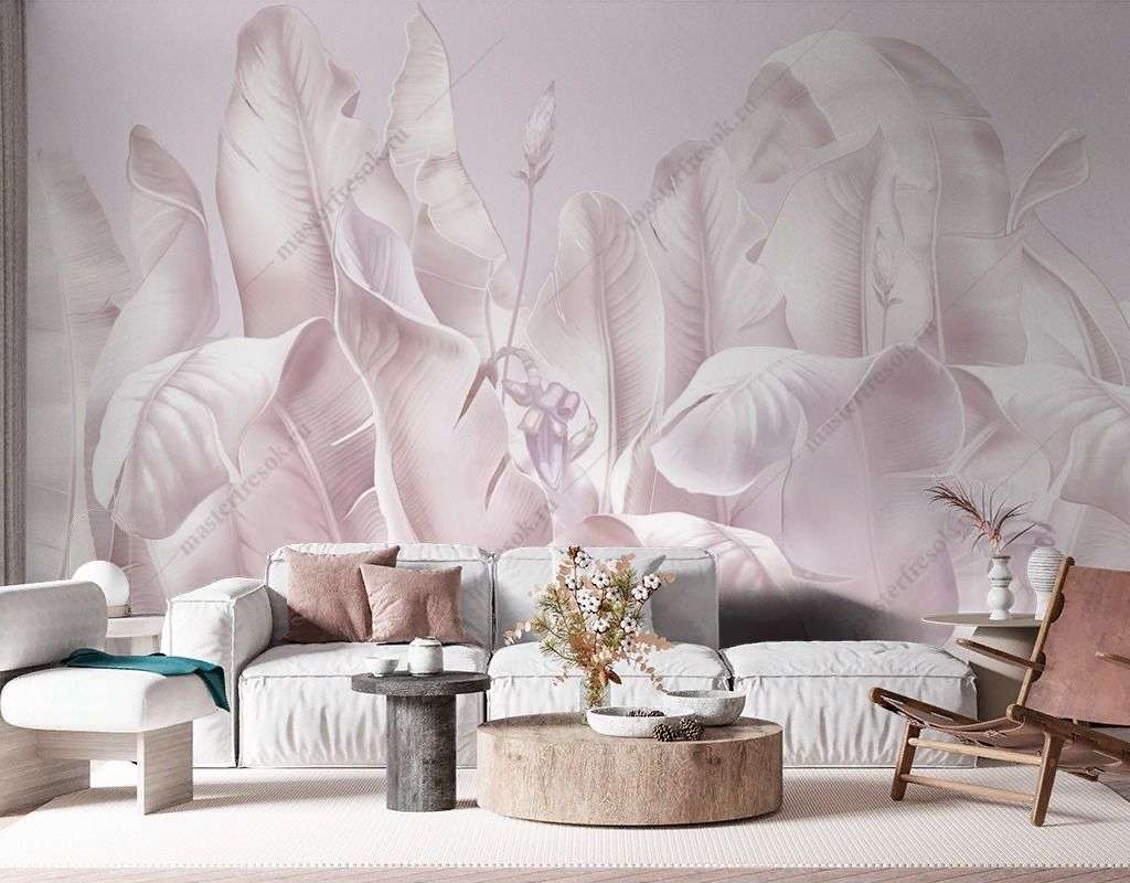 Фотообои в интерьере листья банановые розовые  13-564 фото
