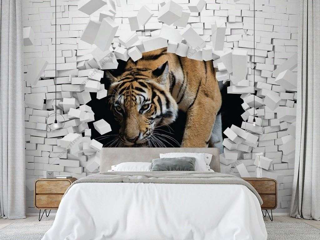 Фотообои в интерьере тигр в стене 3d  10-990 фото