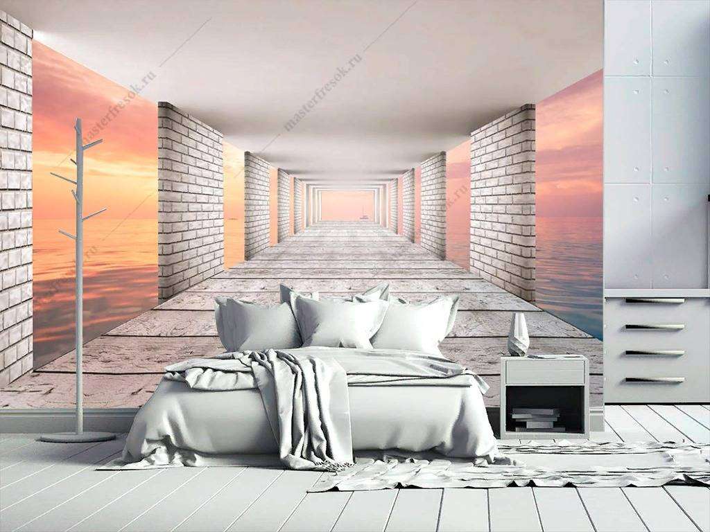 Фотообои в интерьере 3д закат в тоннеле  9-1186 фото