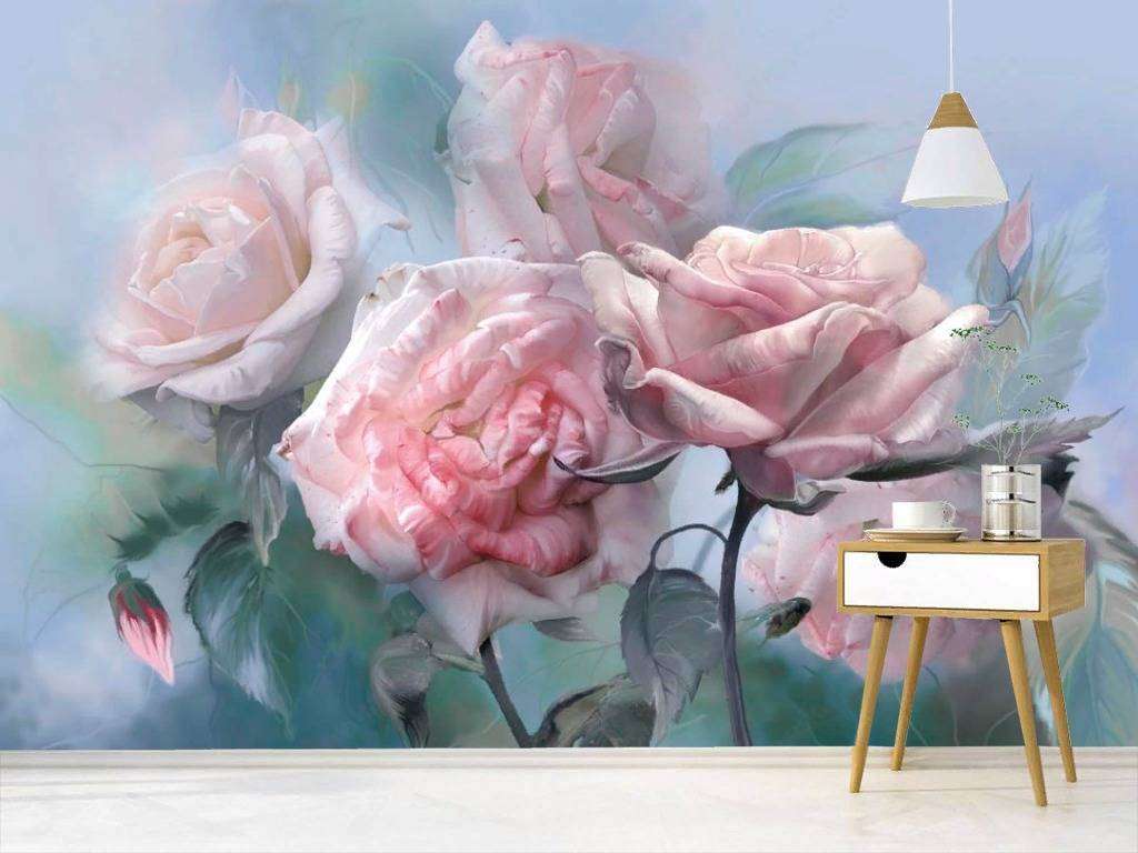 Фотообои в интерьере розы на голубом фоне  13-265 фото