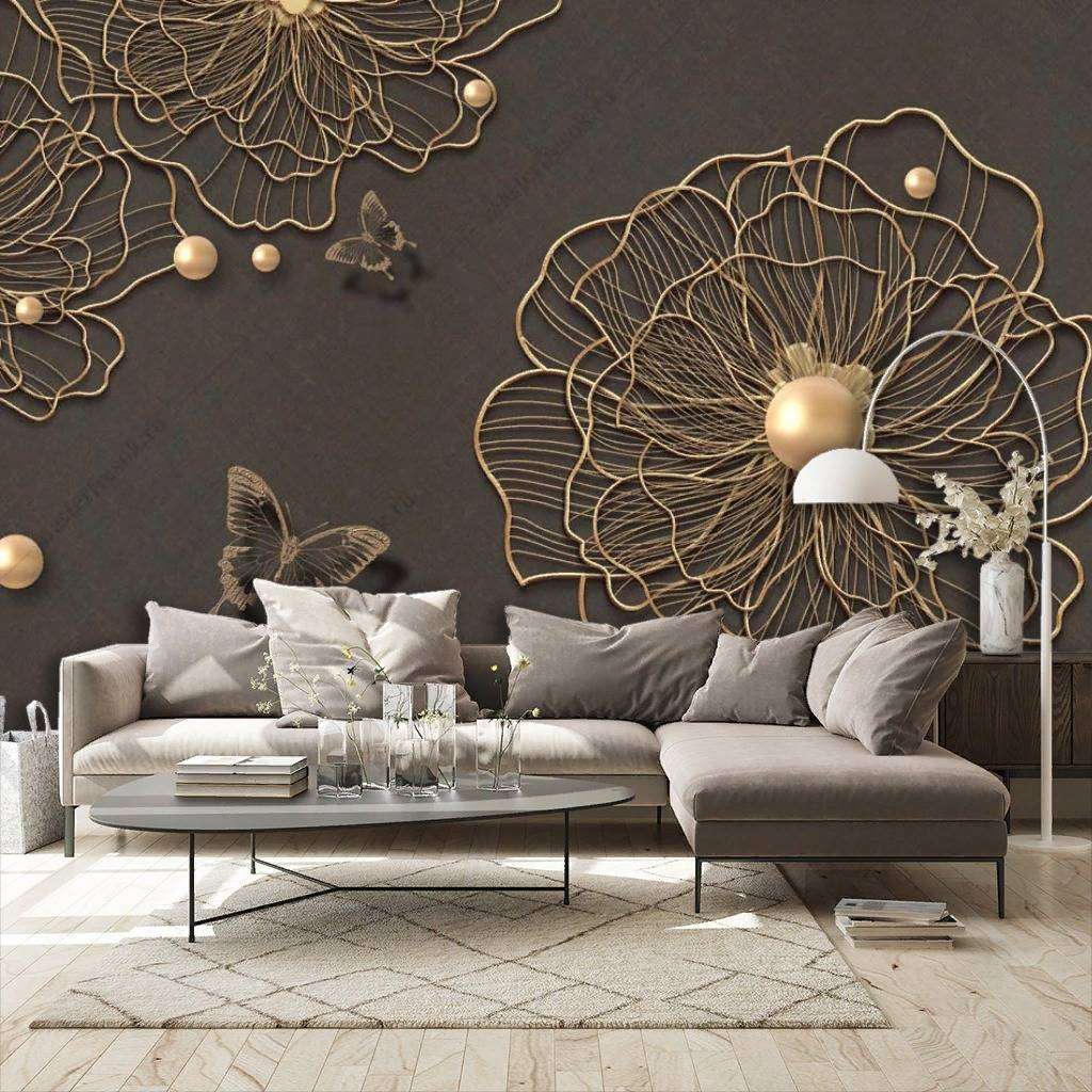 Фотообои в интерьере 3д золотые цветы  10-861 фото