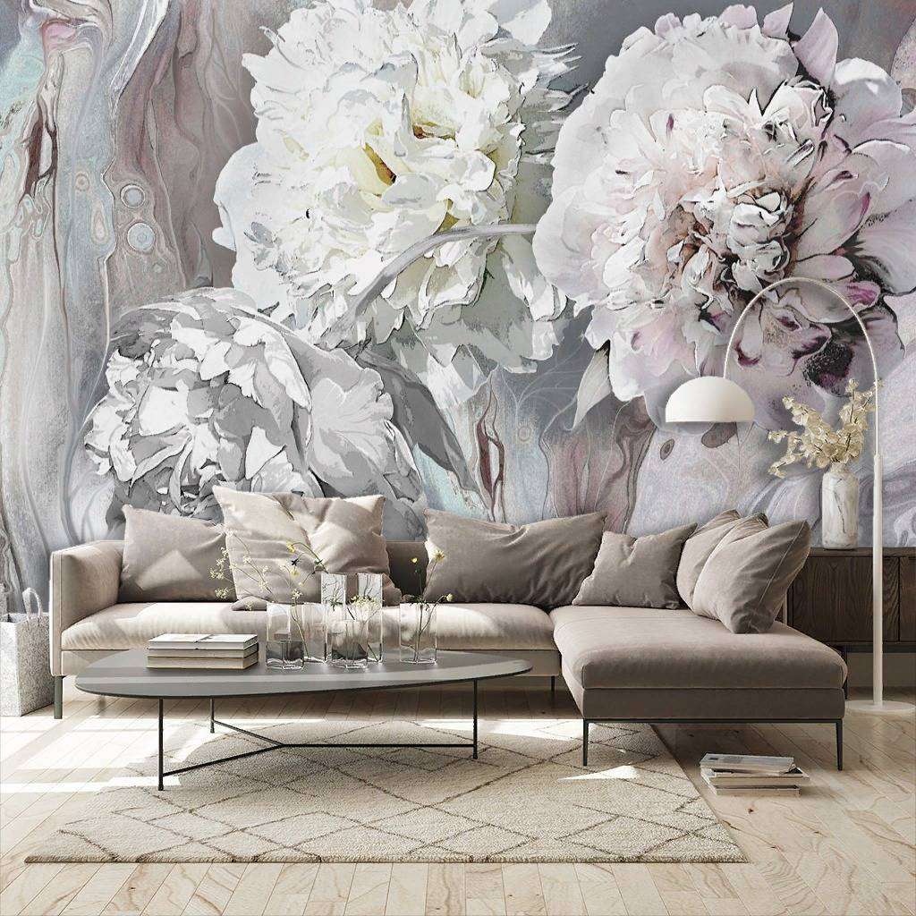 Фотообои в интерьере пионы 3д серые  13-230 фото