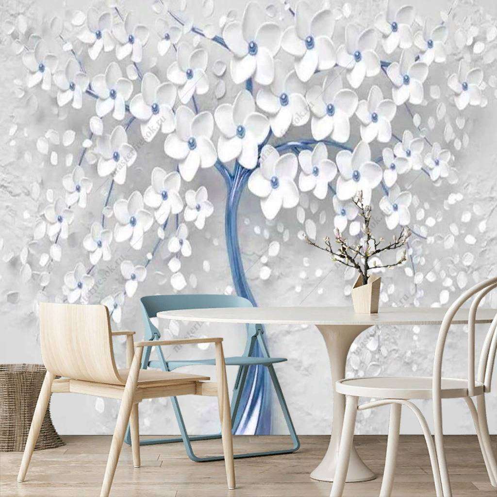 Фотообои в интерьере 3д дерево с золотыми цветами  10-742 фото