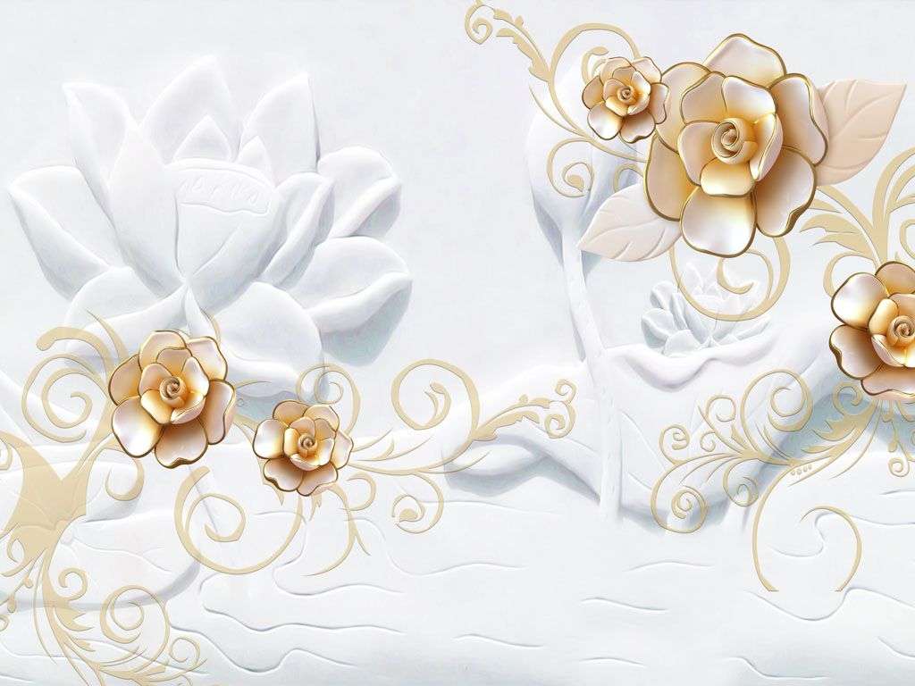 Фотообои в интерьере 3д фарфоровые золотые цветы  10-630 фото