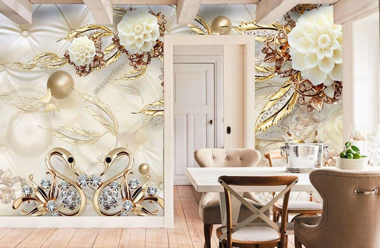 Фотообои в интерьере 3д цветы золотые  10-897 фото