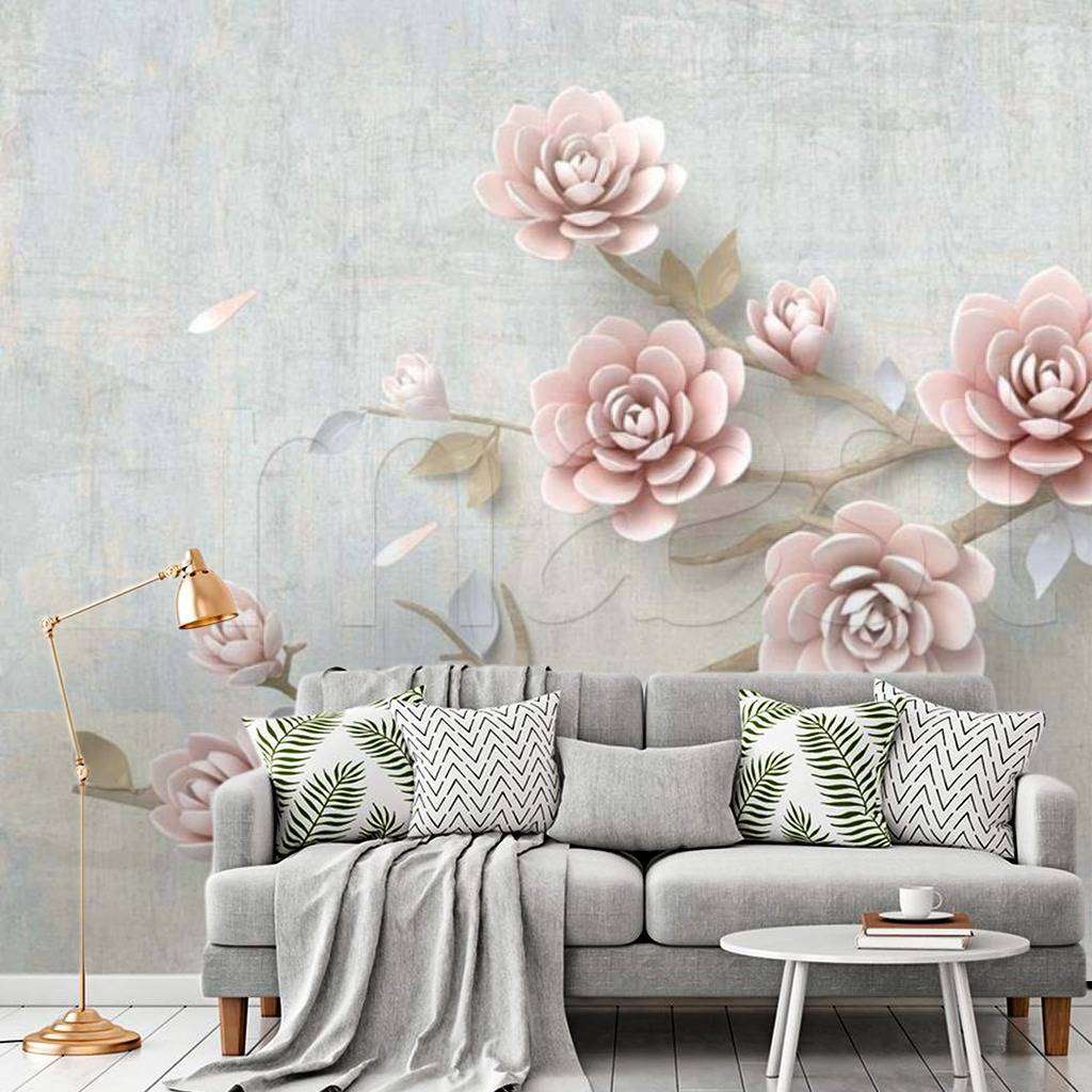 Фотообои в интерьере красивые розовые 3д цветы  15-003 фото