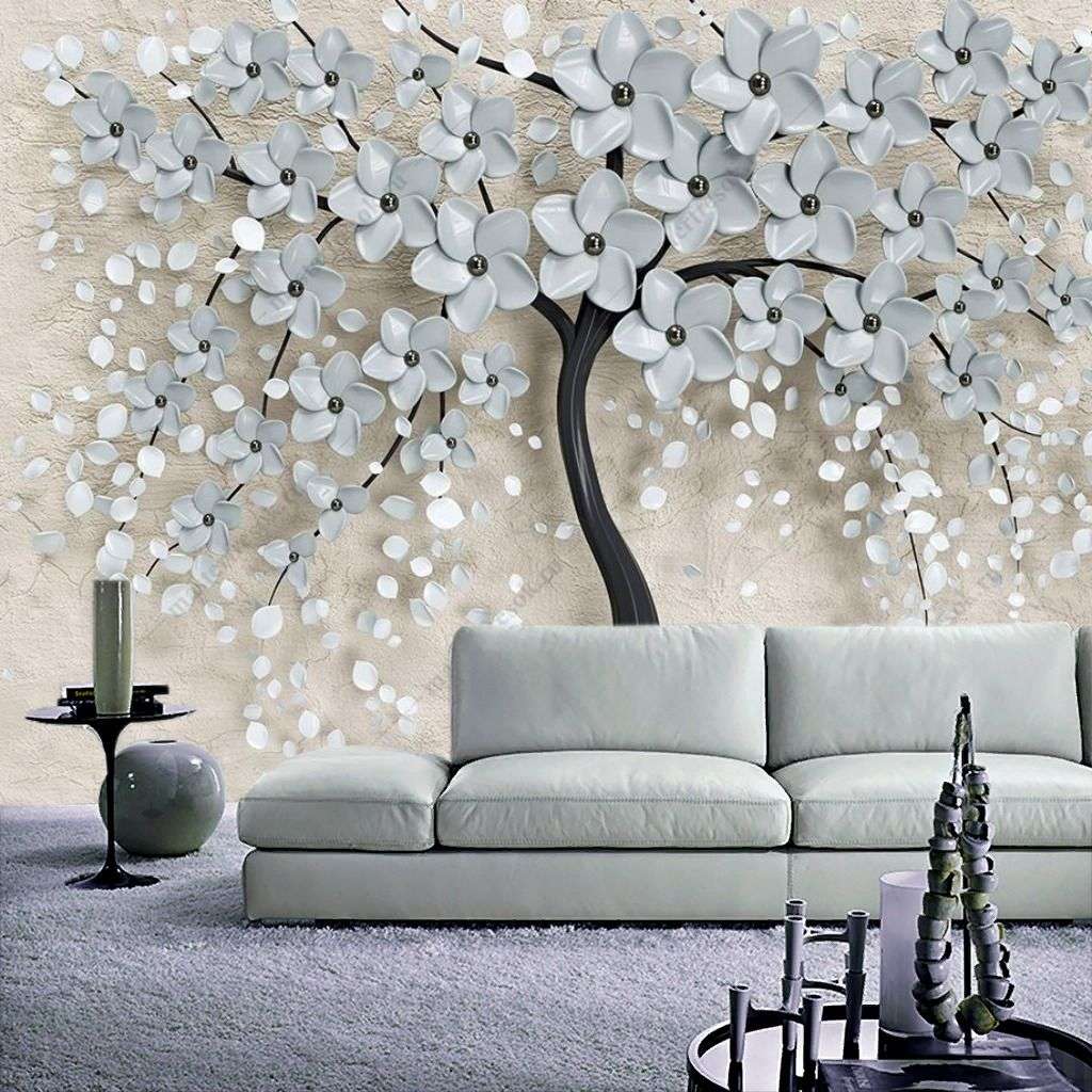 Фотообои в интерьере 3д цветущее белое дерево  10-895 фото