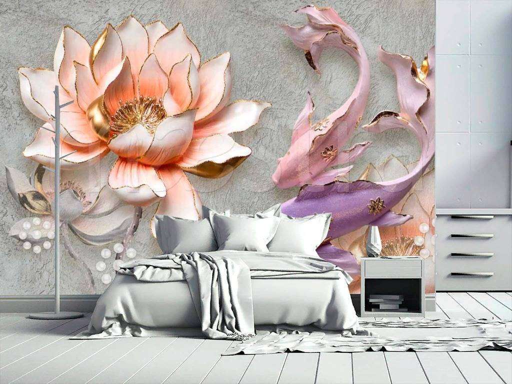 Фотообои в интерьере 3д цветы и рыбы  7-802 фото