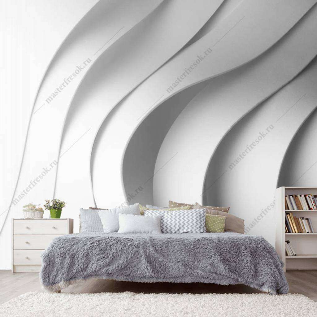 Фотообои в интерьере 3д белые волны с тенью  10-778 фото