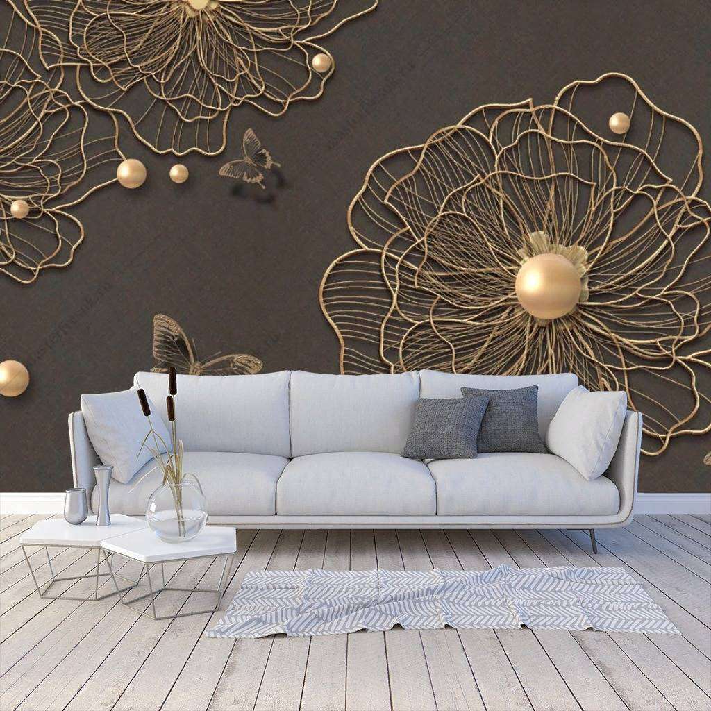 Фотообои в интерьере 3д золотые цветы  10-861 фото