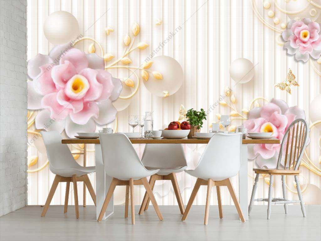 Фотообои в интерьере 3д цветы на полосках  10-669 фото