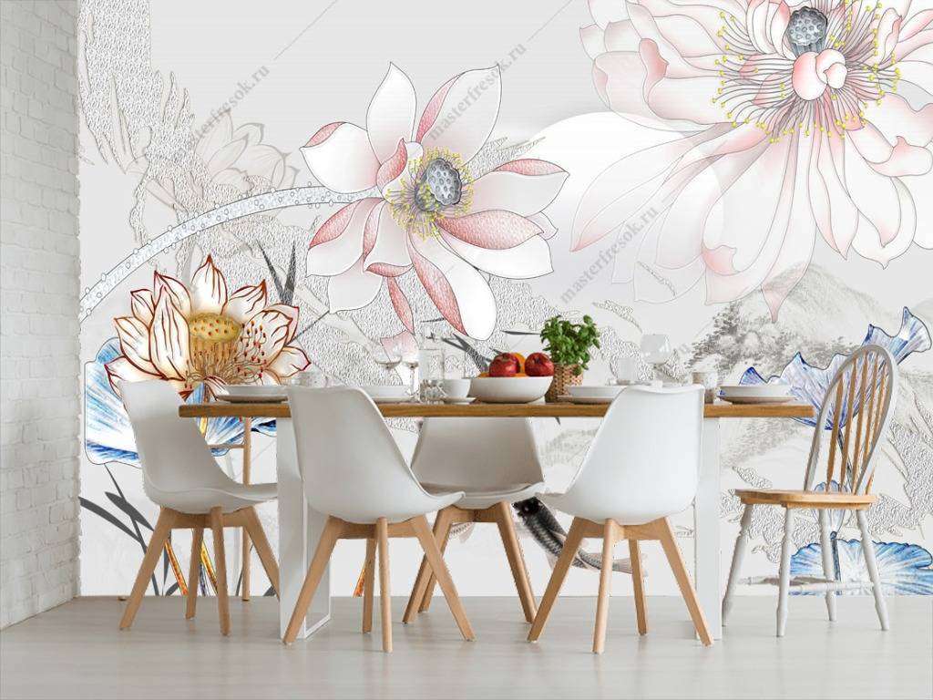 Фотообои в интерьере 3д цветы роспись  10-659 фото