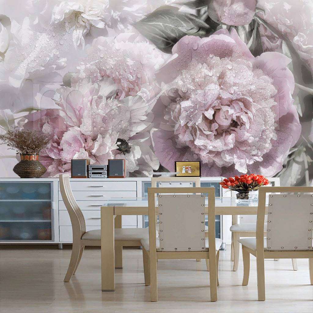 Фотообои в интерьере букет не ярких пионов  7-929 фото