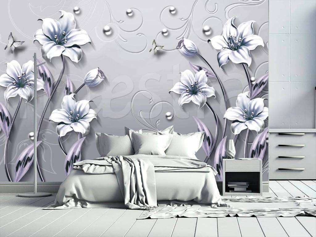 Фотообои 3д цветы на сером фоне с бусинами  10-518
