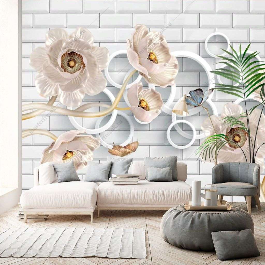 Фотообои в интерьере 3д бежевые цветы на стене  10-906 фото
