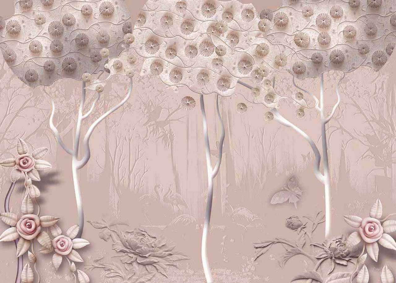 Фотообои в интерьере цветущий сад в серых тонах  7-420 фото