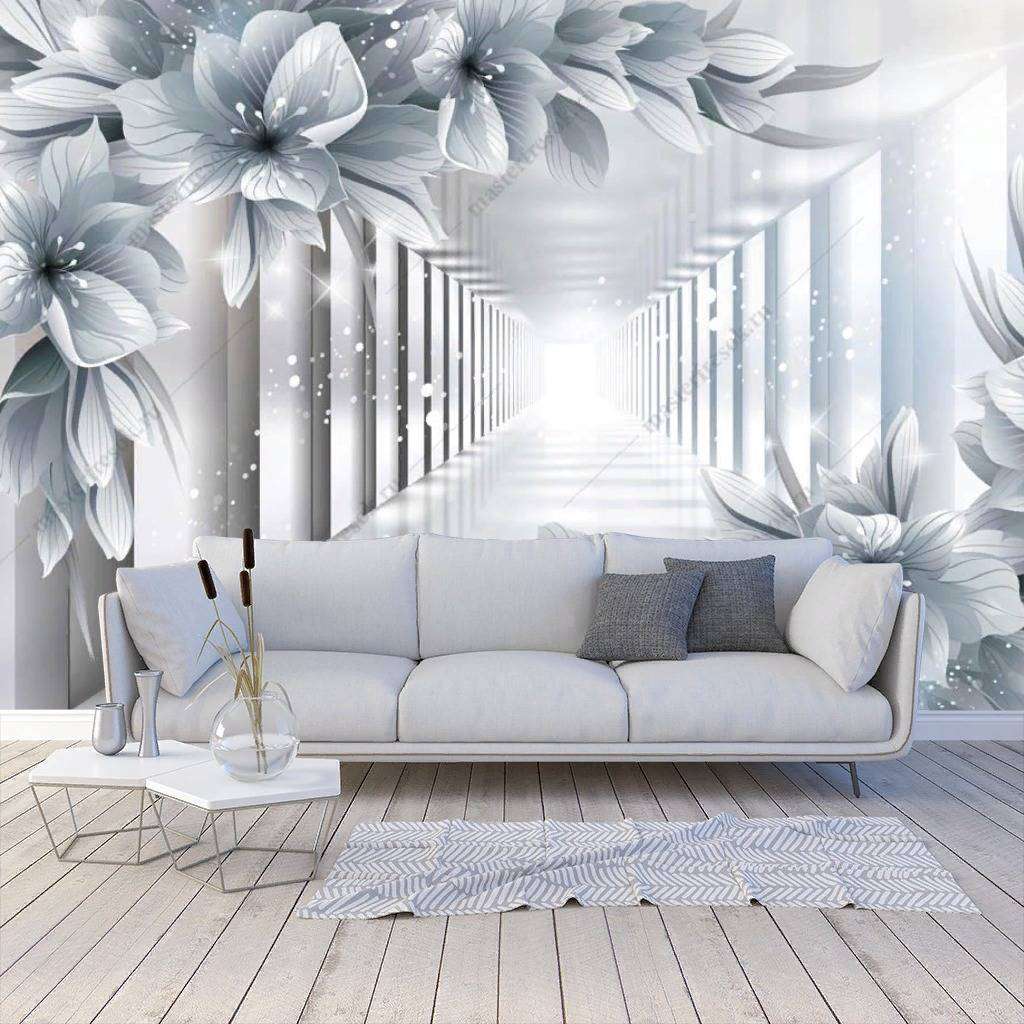 Фотообои в интерьере 3д белые цветы в тоннеле  10-852 фото