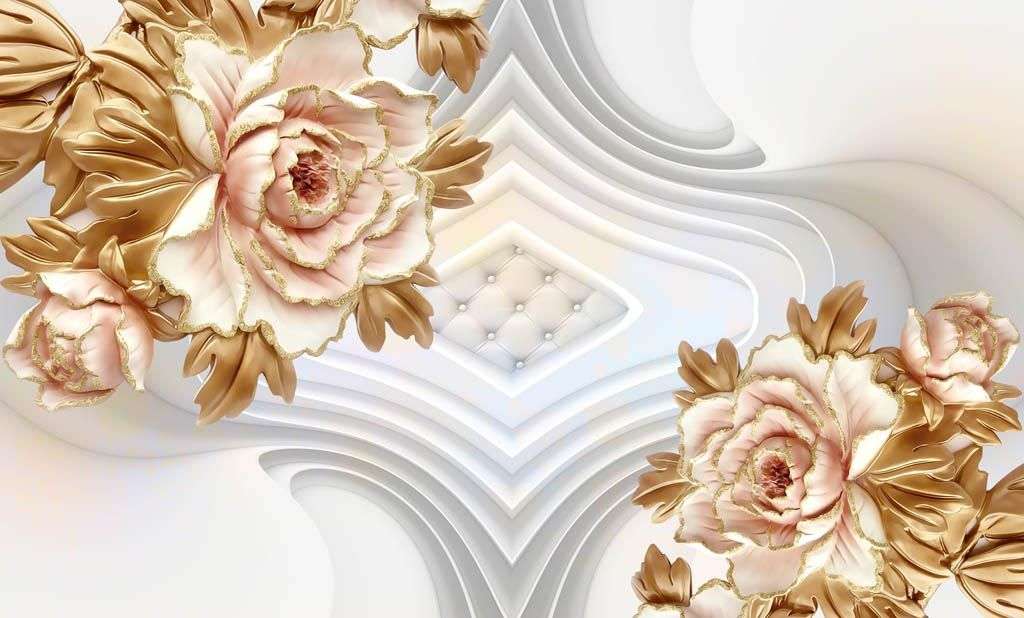 Фотообои в интерьере 3д объемные золотые цветы  10-926 фото