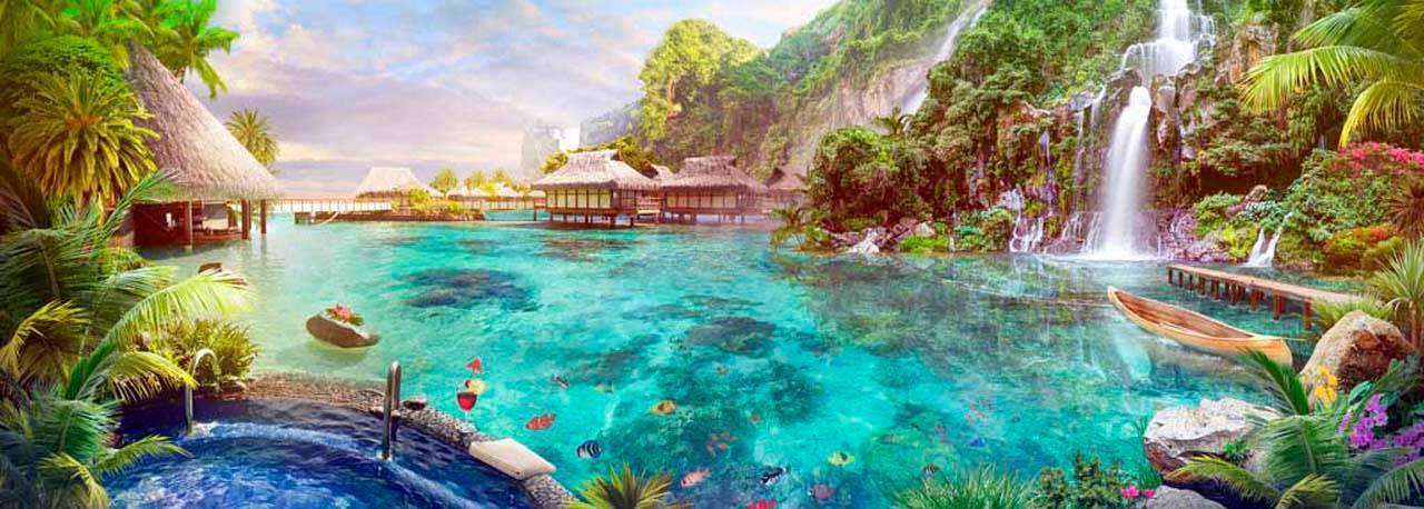 Фотообои в интерьере тропическая лагуна с водопадами  11-052 фото