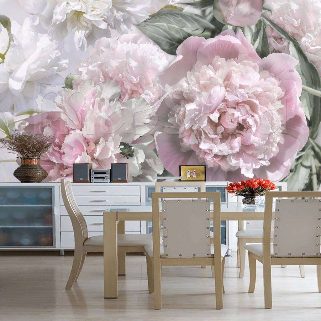 Фотообои в интерьере букет светлых пионов  7-928 фото