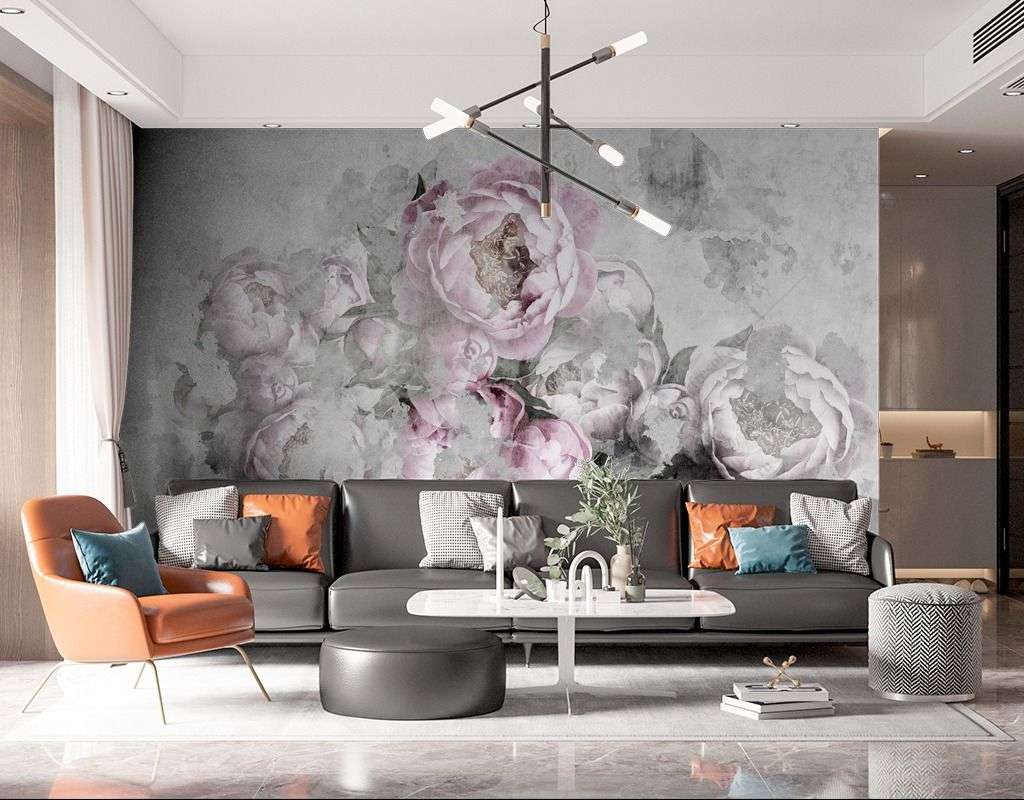 Фотообои в интерьере пионы на сером фоне  9-1605 фото