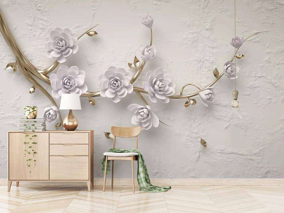 Фотообои в интерьере 3д ветка с сиреневыми цветами  15-371 фото