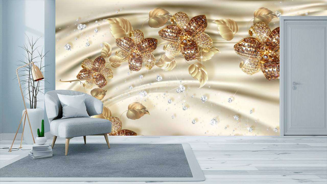 Фотообои в интерьере цветы на фоне шелка  10-607 фото