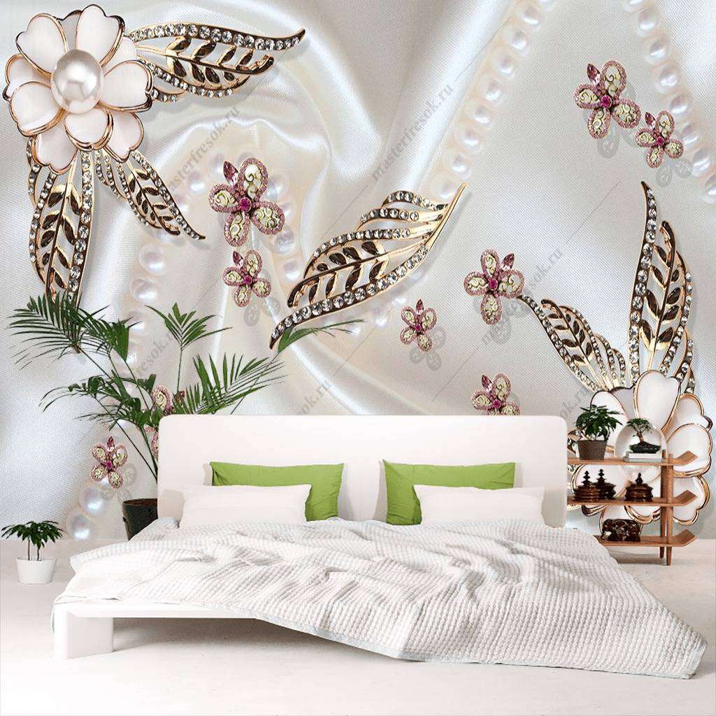 Фотообои в интерьере 3д цветы с жемчугом  10-700 фото