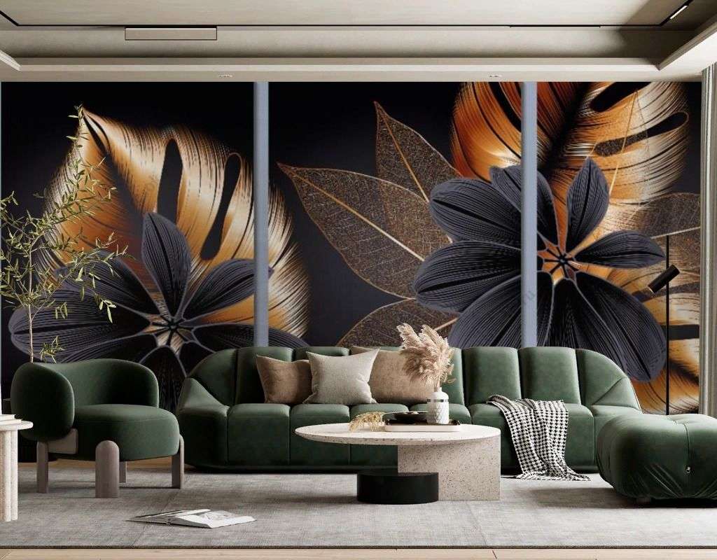 Фотообои в интерьере коллаж черные цветы  9-1611 фото