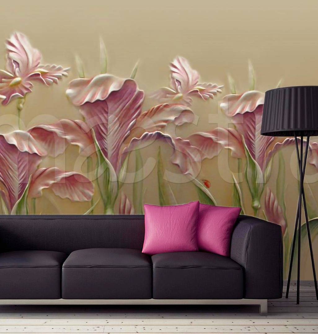 Фотообои Розовые 3д цветы на серо-коричневом фоне  10-522