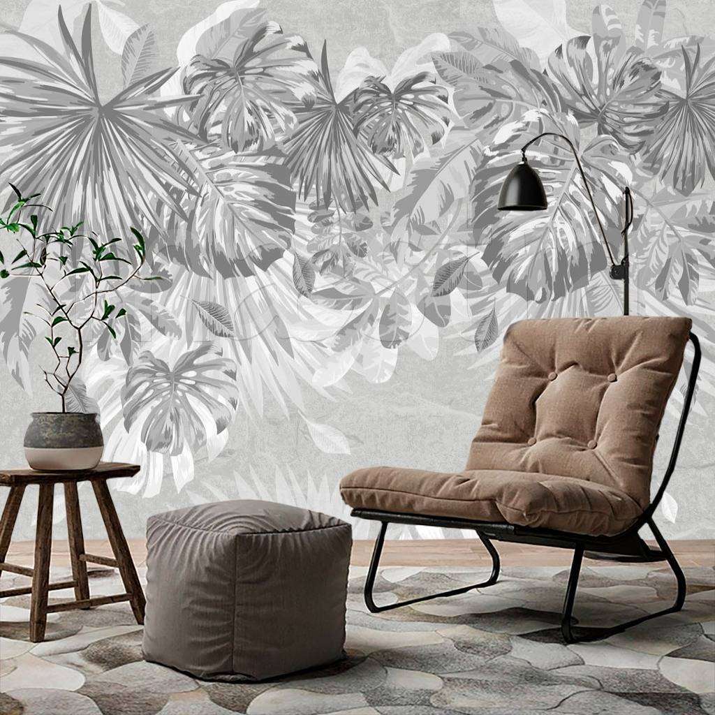Фотообои Тропические листья на сером фоне  7-952