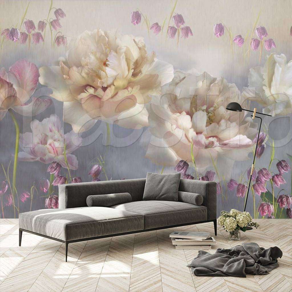 Фотообои в интерьере стереоскопические цветы на сером фоне  7-508 фото
