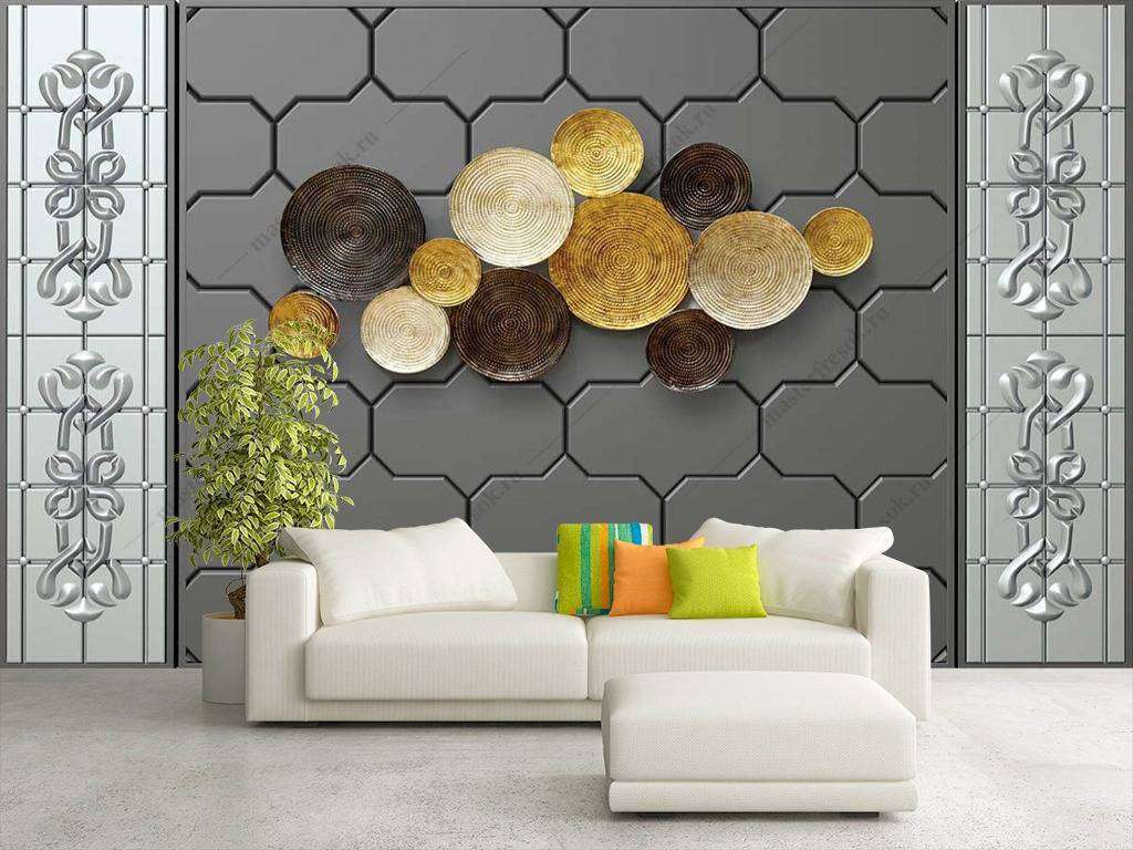 Фотообои в интерьере 3д золотые круги  10-701 фото