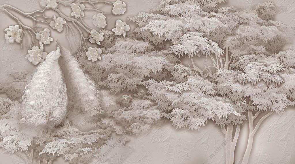 Фотообои в интерьере павлин у дерева  13-350 фото