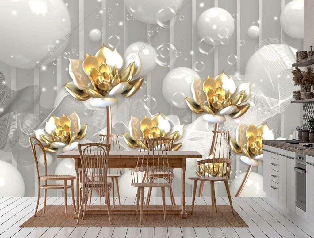 Фотообои в интерьере 3д золотые цветы на стену  10-915 фото