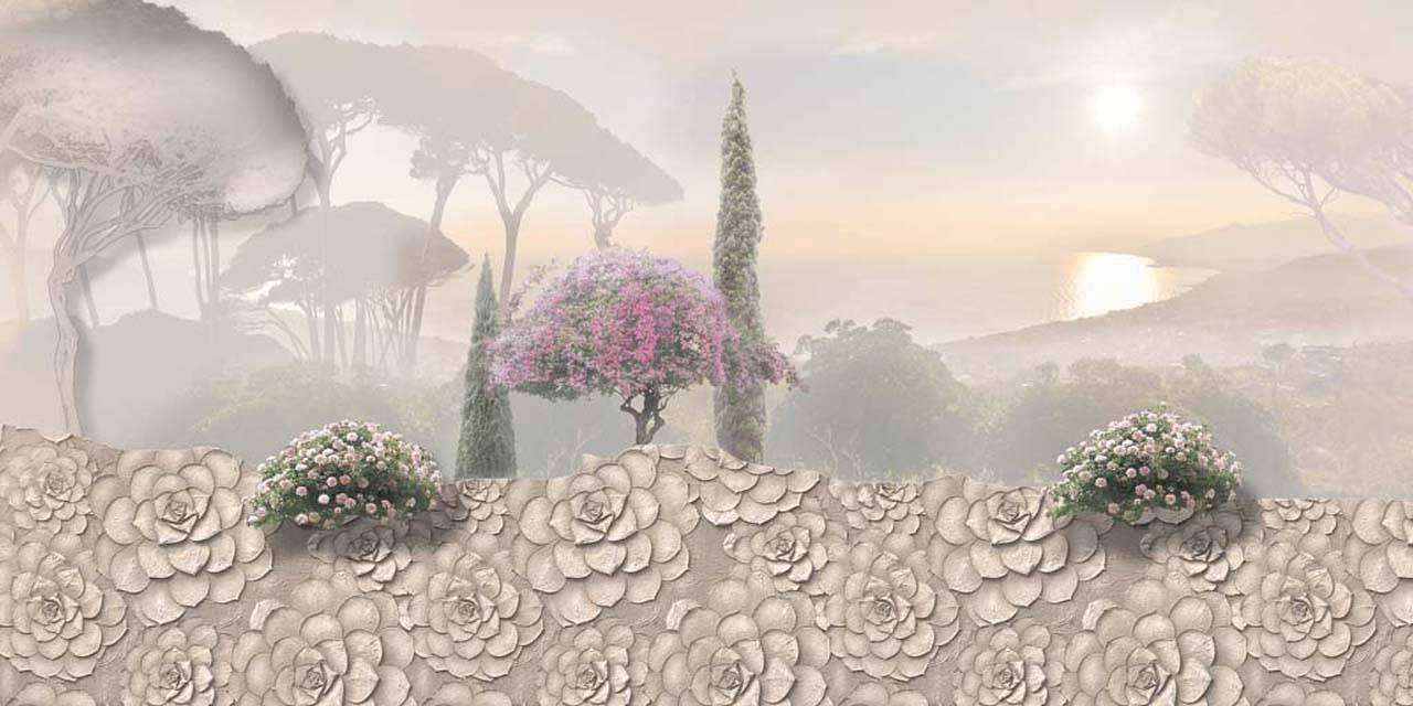 Фотообои в интерьере 3д пейзаж в дымке  7-757 фото