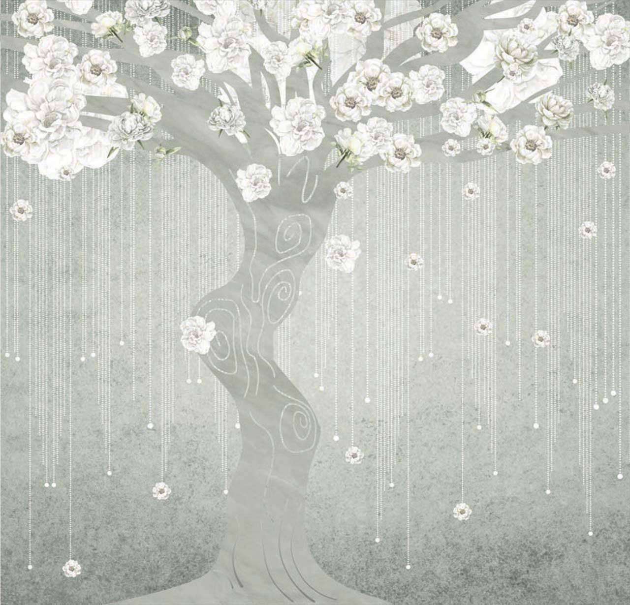 Фотообои в интерьере сакура на светло зеленом фоне  7-970 фото