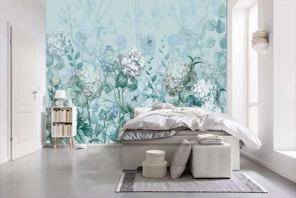 Фотообои в интерьере мятные гортензии  13-113 фото