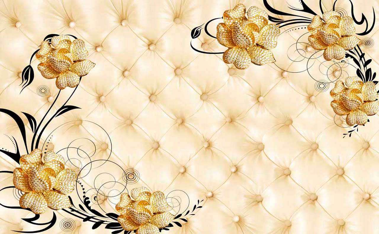 Фотообои в интерьере золотые цветы на 3д фоне  10-406 фото