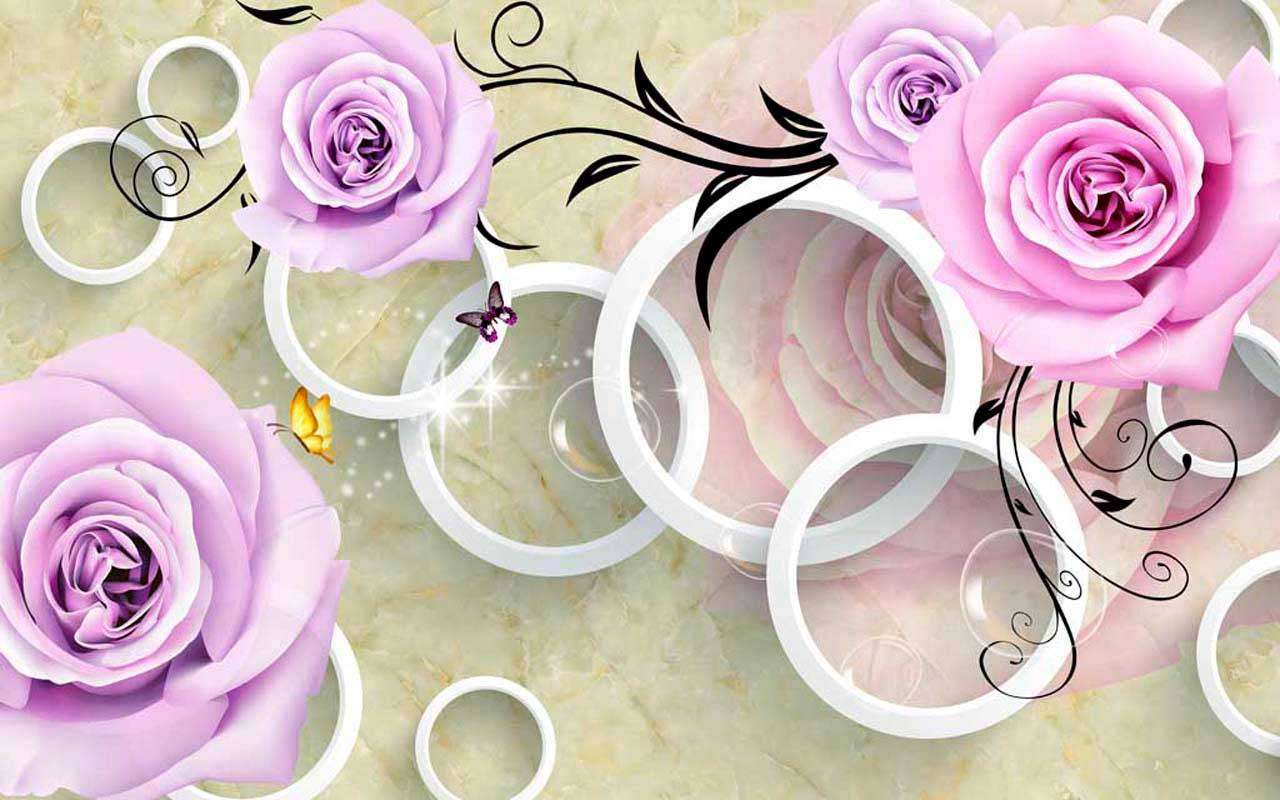 Фотообои в интерьере нежно сиреневые цветы на 3д фоне  10-410 фото