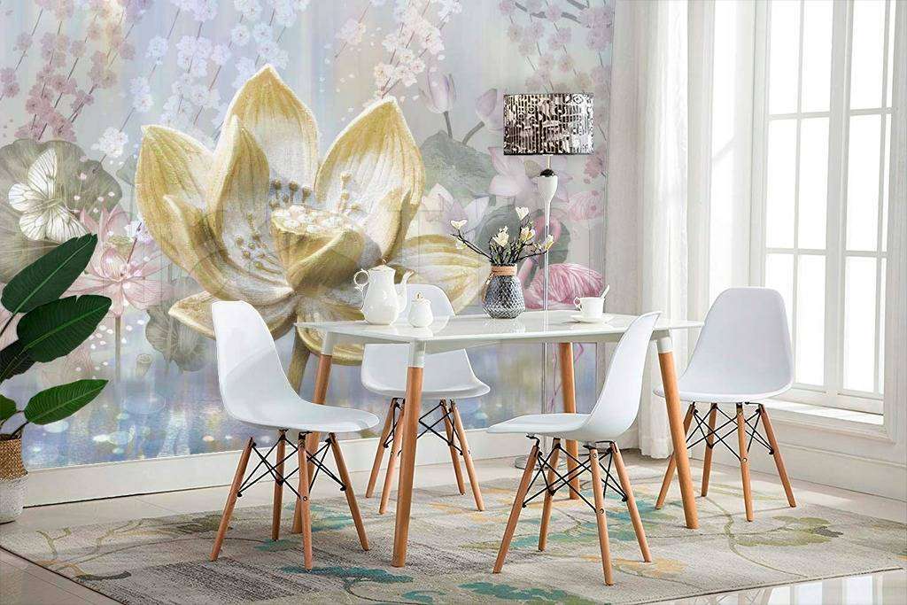 Фотообои в интерьере фламинго и цветок лотоса  7-438 фото