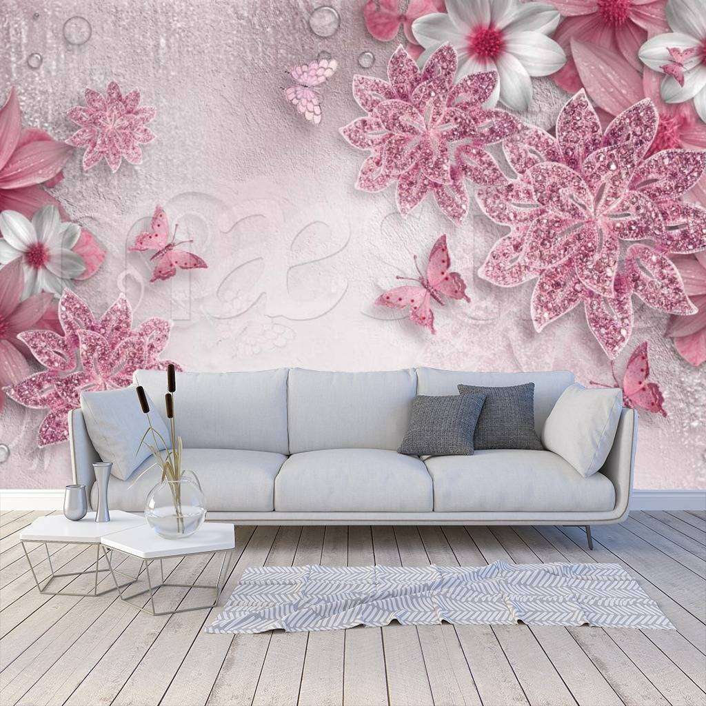 Фотообои 3д цветы со стразами на розовом цвете  10-486