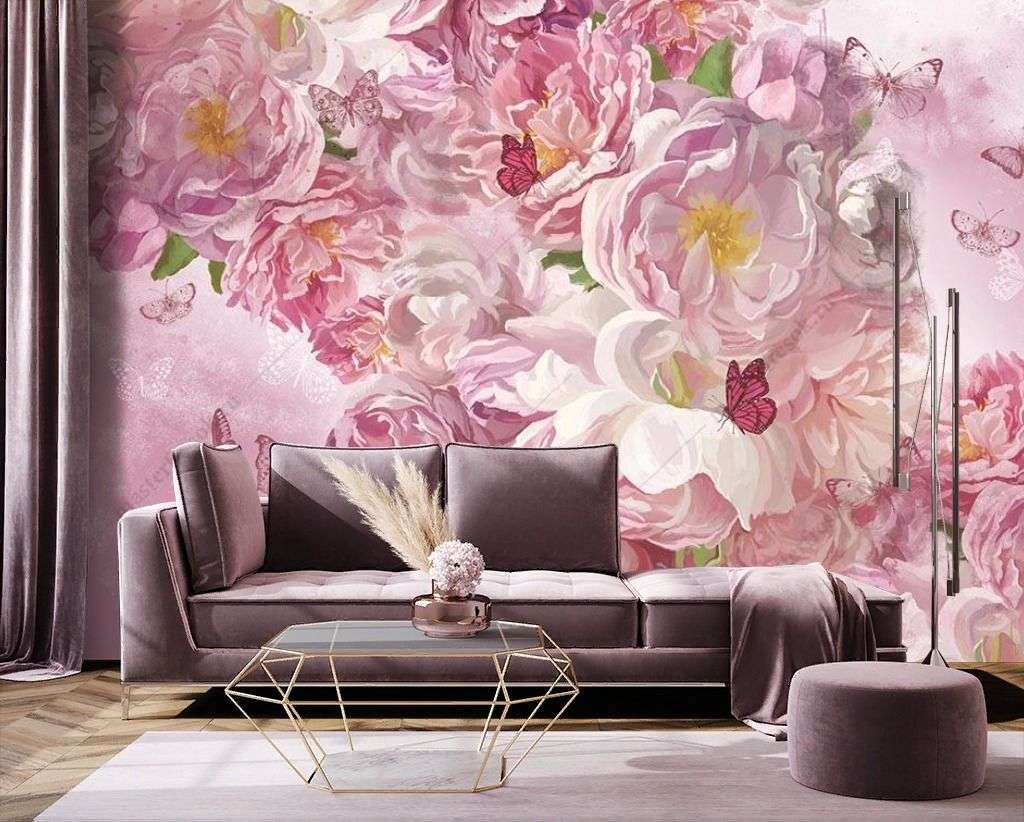 Фотообои в интерьере розовые пионы  10-874 фото