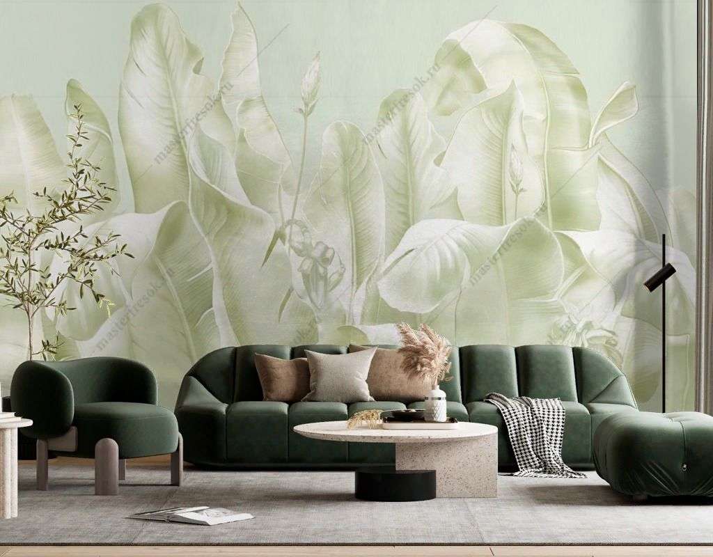 Фотообои в интерьере листья пастель  13-563 фото