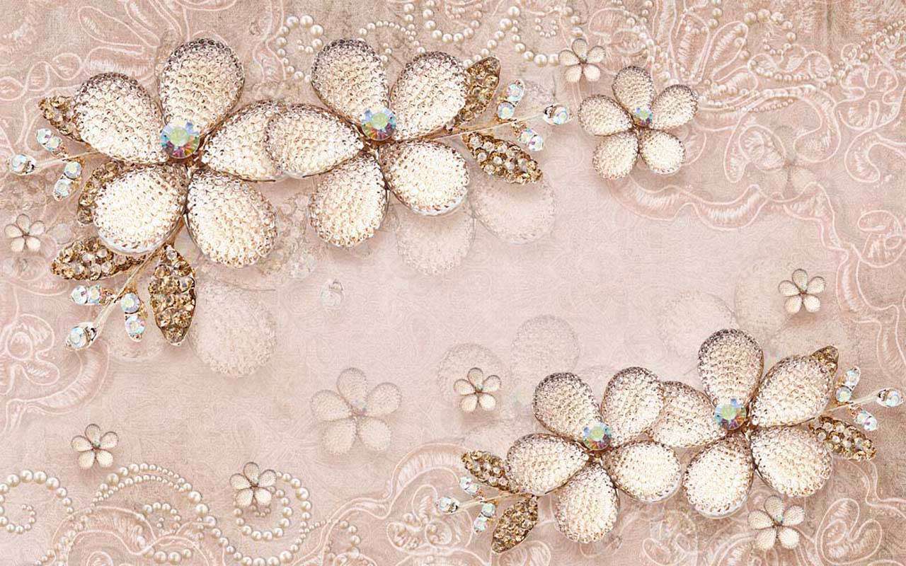 Фотообои в интерьере золотые 3д цветы на светлом фоне  10-537 фото