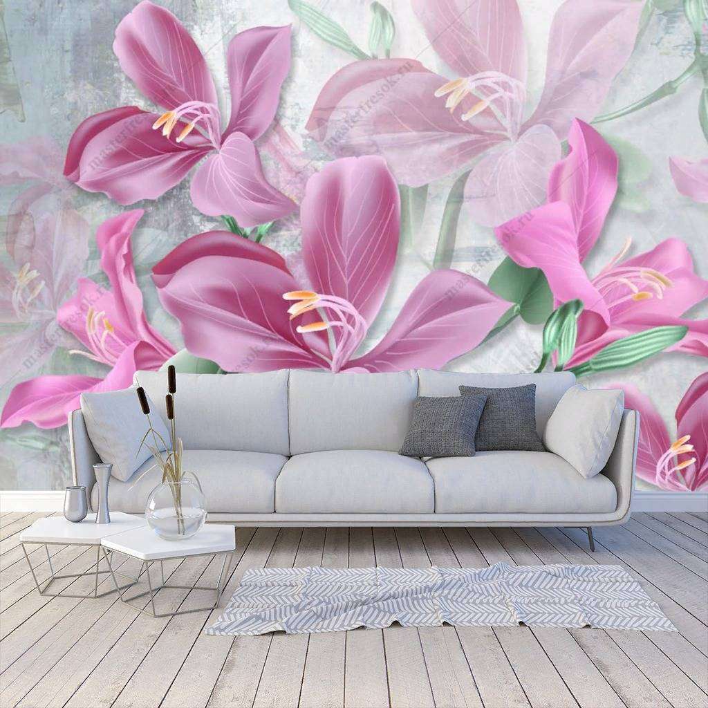 Фотообои в интерьере 3д ярко розовые лилии  10-859 фото