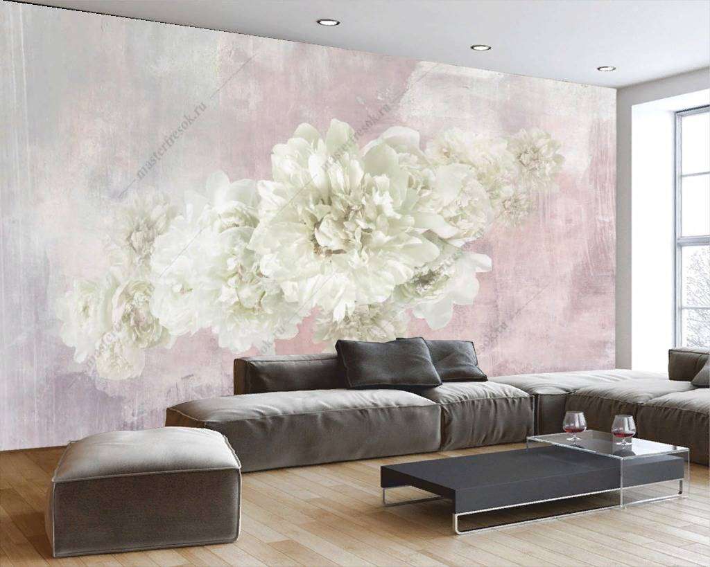 Фотообои в интерьере пионы айвори  14-127 фото