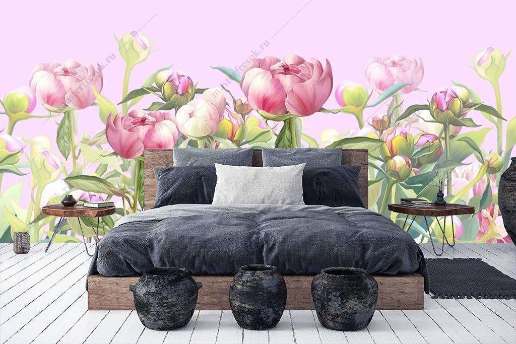 Фотообои в интерьере акварельные пионы  10-877 фото